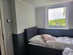 un letto in una stanza con una finestra di City Lounge an der Feuerwache mit Außenbereich mit Klimaanlage a Wolmirstedt