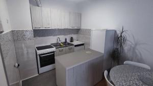 a small kitchen with a sink and a refrigerator at Apartman N in Trebinje +5 photos