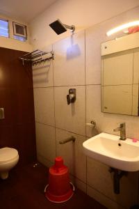 a bathroom with a sink and a toilet and a mirror at Canyon sun in Chennai +11 photos