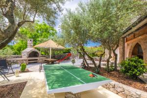 un patio trasero con mesa de ping pong y sombrilla en Villa Ljuba Vi, en Županje