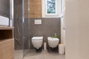 Un baño con ducha, inodoro y lavabo. en Bijoux Sozzine, en Ponte di Legno