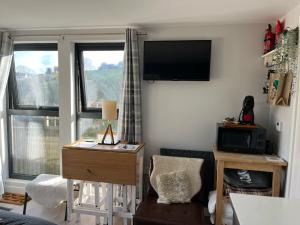 比尔Escape Pod in Devon, 5 mins from beach + parking的客厅里有一台挂在墙上的电视和两扇窗户