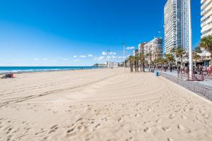 a sandy beach with palm trees and buildings at Acintur 13-A Apartment Levante Beach-Old Town in Benidorm