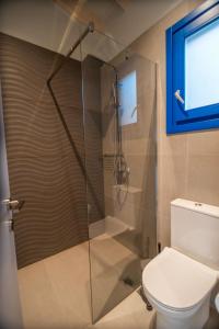 a bathroom with a glass shower with a toilet at ONIRO Villas in Stavros