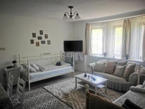 a living room with a couch and a tv at Kúria Apartman Budapest with free parking in Budapest