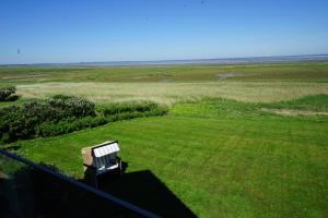 a bench sitting on top of a field of grass at Ferienwohnung Feskerdam 28 OG in Morsum +7 photos