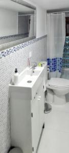 La salle de bains blanche est pourvue d'un lavabo et de toilettes. dans l'établissement 3 bedrooms house with enclosed garden at Peral de Arlanza, à Peral de Arlanza