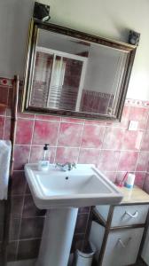 La salle de bains est pourvue d'un lavabo et d'un miroir. dans l'établissement 3 bedrooms house with enclosed garden at Peral de Arlanza, à Peral de Arlanza
