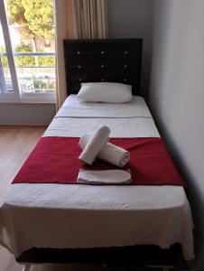 un letto con 2 cuscini e una coperta rossa e bianca di BALŞEN HOTEL a Anamur