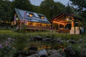 a house with a pond in front of it at Karak Chalet in Izvoare
