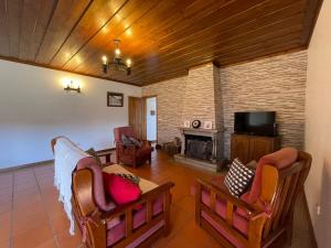 a living room with a couch and a fireplace at Casa d'Avó Lina - Gerês in Terras de Bouro