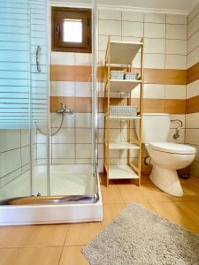 a bathroom with a shower and a toilet at Elia - Seaside Home in Nea Potidaea