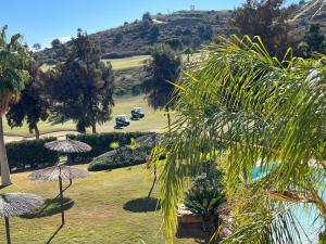 a view of a golf course with palm trees at Modern Sea & Golf View 2-Bedroom Apartment with Pool and Terrace in Calanova in Mijas