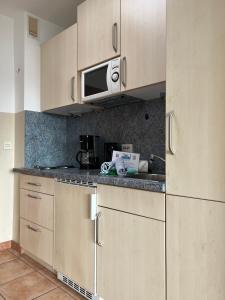 een keuken met een spoelbak en een magnetron bij Berliner Ring - Whg 27 in Wyk auf Föhr