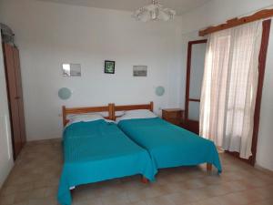 a bedroom with a bed with blue sheets and a window at Victoria2 in Istro