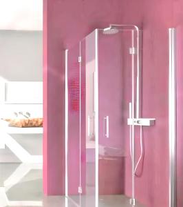 eine Glasdusche im Bad mit rosa Wänden in der Unterkunft Appartement d'une chambre avec terrasse amenagee et wifi a Saint Genes du Retz in Saint-Genès-du-Retz