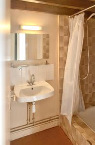 ein Bad mit einem Waschbecken und einer Dusche in der Unterkunft Maison d'une chambre avec piscine partagee jardin amenage et wifi a Leyme in Anglars
