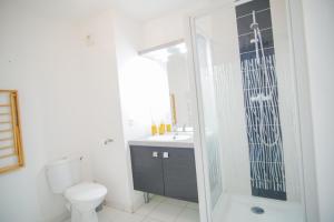 une salle de bain avec toilettes, lavabo et douche dans l'établissement -YSA- VUE MER - parc de la thalasso avec piscine, à Concarneau 21 autres photos