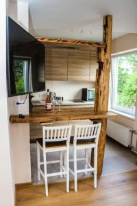 a kitchen with a table and two chairs in a kitchen at Ogre City Apartments in Ogre