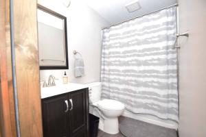 Un baño con inodoro y cortina de ducha. en The Harrisburg Hideaway, en Harrisburg