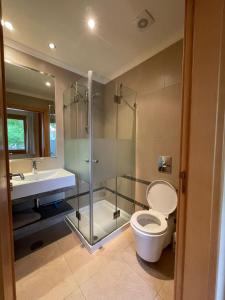 a bathroom with a shower and a toilet and a sink at No14 Lote B, Quinta da Belavista in Luz