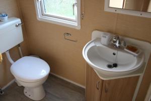 キャメルフォードにあるRetreat static caravanのトイレと洗面台のある小さなバスルーム +26枚の写真
