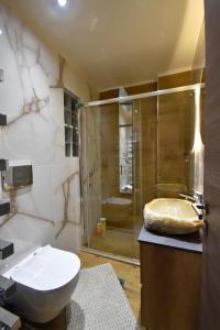 a bathroom with a shower and a toilet and a sink at Eugenia's Luxury Apart in Volos +36 photos