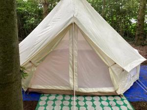 Une tente est installée dans les bois. dans l'établissement WoodLands Basic Bell Tent 2, à Grantham