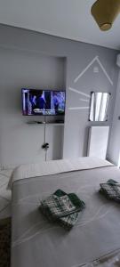 a bedroom with a bed with a tv on the wall at Big,Smart & Comfort ! in Kalamata