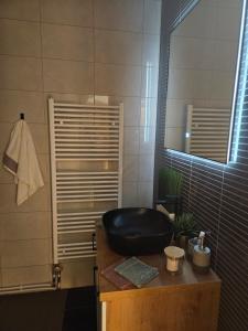 a bathroom with a black toilet and a sink at Mali Raj - self check in in Osijek +20 photos