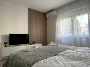 a bedroom with a bed with a flat screen tv at Milty Apartments in Novi Sad +15 photos