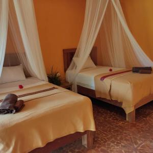 a bedroom with two beds with mosquito nets at Balé Sebaya - Bungalows Café Nature in Senaru