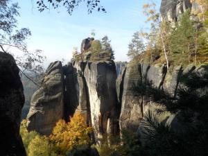 a view of a mountain with trees and rocks at Ferienwohnung an der Therme in Bad Schandau
