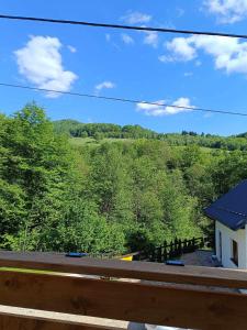 a view of the woods from the balcony of a house at Domki nad potokiem in Stary Sącz