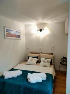 Ένα ή περισσότερα κρεβάτια σε δωμάτιο στο Chalet vacances avec jardin près d'Arcachon 2 personnes