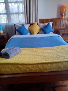1 cama grande con almohadas azules y amarillas en L'anis Etoilé en Antsirabe