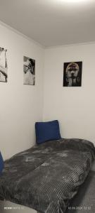 a bed in a bedroom with pictures on the wall at Квартира- студия in Chişinău