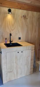 a kitchen with a sink and a wooden wall at The Poolhouse in Buitenpost +36 photos