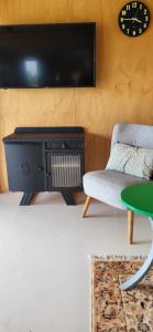a living room with a fireplace and a tv at The Poolhouse in Buitenpost