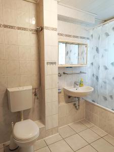 un baño con inodoro y lavabo en HomeSweetHome Free Parking Wifi Elevator Balcony, en Kassel