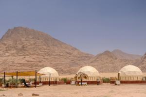 een groep koepels in de woestijn met bergen op de achtergrond bij Wadi Rum Desert Bedouins in Wadi Rum