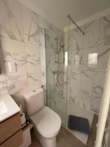 a bathroom with a toilet and a glass shower at Zofia appartements - Appartement avec cour privée #1 in Moustiers-Sainte-Marie