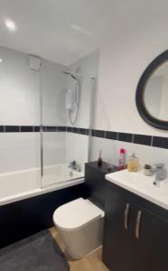 a bathroom with a toilet and a sink at Private luxurious apartment in Easthampstead