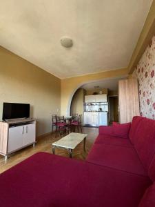 ein Wohnzimmer mit einem roten Sofa und einem Tisch in der Unterkunft Vila SiVa in Ohrid