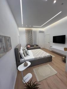 una camera con un grande letto e una televisione di Green Villa 2 a Vlorë Altre 24 foto