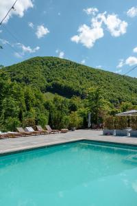 a swimming pool with chairs and a mountain in the background at Pensiunea Apuseni Wild in Remeţi