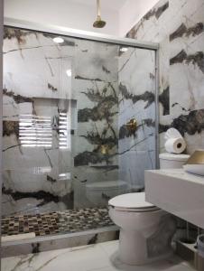 une salle de bain avec toilettes et douche en verre dans l'établissement Casa Brianna Vacacional - Alberca Privada, à Puerto Peñasco