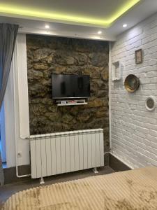 a room with a stone wall with a flat screen tv at Apartman Nina BANOVO BRDO in Belgrade