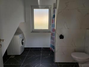 a bathroom with a toilet and a window at Apartment house Petra in Cerklje na Gorenjskem