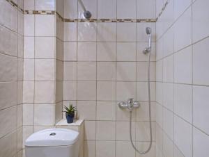 a white bathroom with a shower and a toilet at Amaryllis House Lefkada in Lefkada